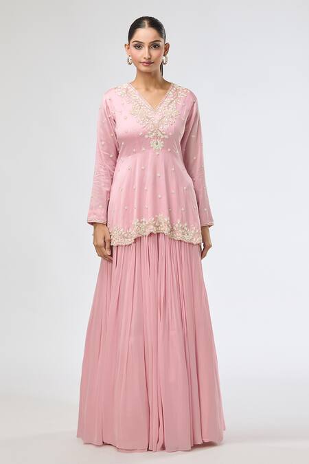 Aksh_Pink Chanderi, Georgette, Organza Embroidery V-neck Hand Peplum Kurta Set _Online_at_Aza_Fashions