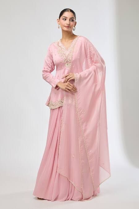 Buy_Aksh_Pink Chanderi, Georgette, Organza Embroidery V-neck Hand Peplum Kurta Set _Online_at_Aza_Fashions