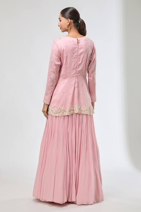 Shop_Aksh_Pink Chanderi, Georgette, Organza Embroidery V-neck Hand Peplum Kurta Set _at_Aza_Fashions