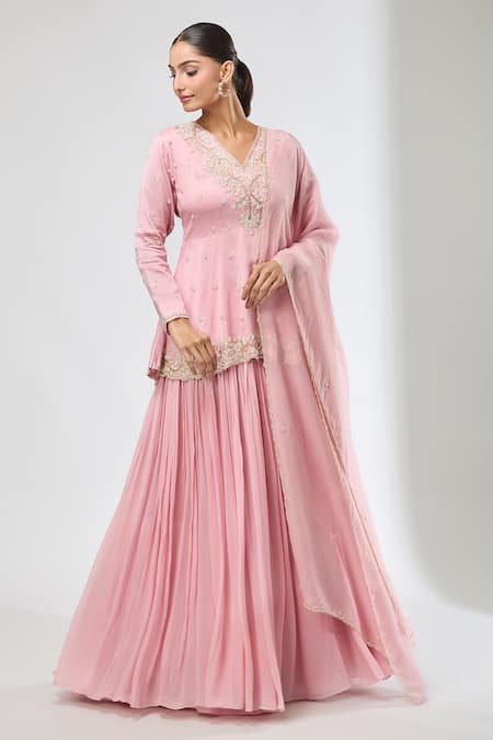 Aksh_Pink Chanderi, Georgette, Organza Embroidery V-neck Hand Peplum Kurta Set _at_Aza_Fashions