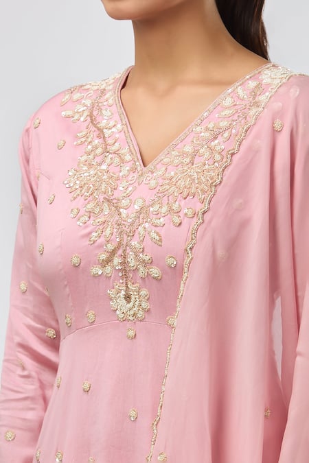 Buy_Aksh_Pink Chanderi, Georgette, Organza Embroidery V-neck Hand Peplum Kurta Set 
