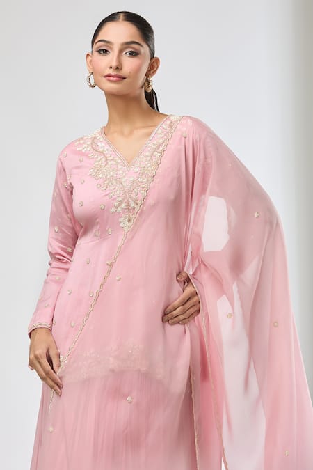 Shop_Aksh_Pink Chanderi, Georgette, Organza Embroidery V-neck Hand Peplum Kurta Set 