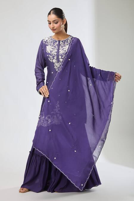 Aksh_Purple Chanderi Embroidery Round Neck Hand Kurta Set_Online_at_Aza_Fashions