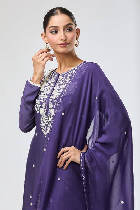 Buy_Aksh_Purple Chanderi Embroidery Round Neck Hand Kurta Set_Online_at_Aza_Fashions