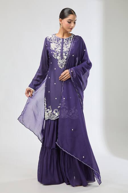 Aksh_Purple Chanderi Embroidery Round Neck Hand Kurta Set_at_Aza_Fashions