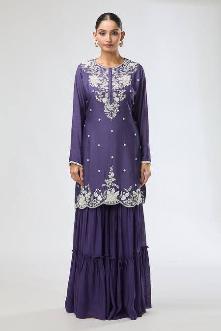 Buy_Aksh_Purple Chanderi Embroidery Round Neck Hand Kurta Set