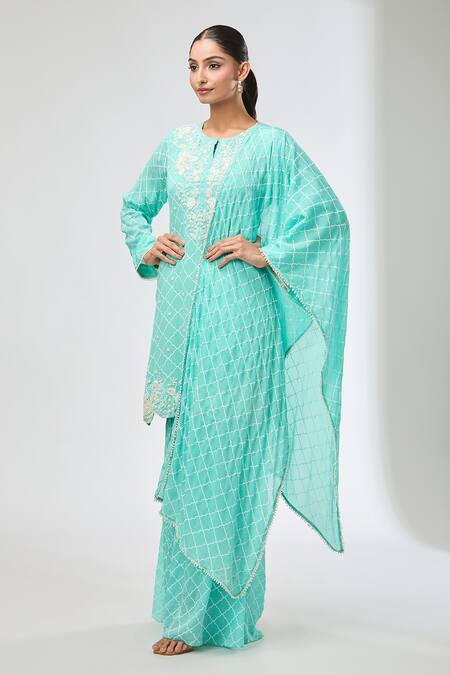 Shop_Aksh_Turquoise Chiffon Embroidery Round Neck Hand Blue Kurta Set_Online_at_Aza_Fashions