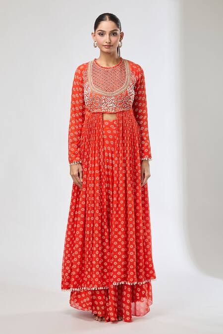 Aksh Rust Georgette Embroidery Round Neck Printed Anarkali Set Online at Aza Fashions Aksh_Rust Georgette Embroidery Round Neck Printed Anarkali Set_Online_at_Aza_Fashions