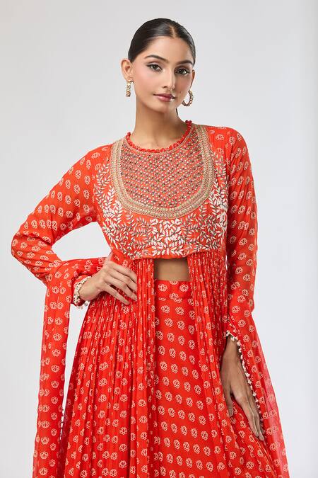 Aksh Rust Georgette Embroidery Round Neck Printed Anarkali Set at Aza Fashions Aksh_Rust Georgette Embroidery Round Neck Printed Anarkali Set_at_Aza_Fashions