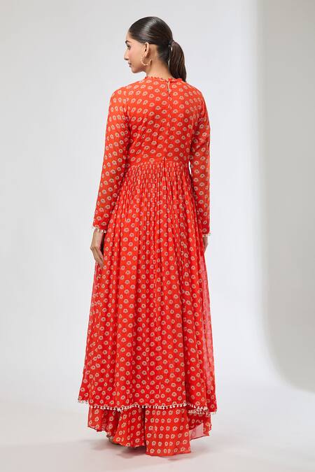 Shop Aksh Rust Georgette Embroidery Round Neck Printed Anarkali Set at Aza Fashions Shop_Aksh_Rust Georgette Embroidery Round Neck Printed Anarkali Set_at_Aza_Fashions