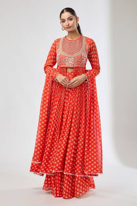 Buy Aksh Rust Georgette Embroidery Round Neck Printed Anarkali Set Buy_Aksh_Rust Georgette Embroidery Round Neck Printed Anarkali Set