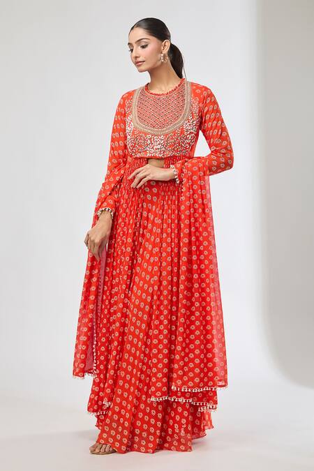 Shop Aksh Rust Georgette Embroidery Round Neck Printed Anarkali Set Shop_Aksh_Rust Georgette Embroidery Round Neck Printed Anarkali Set