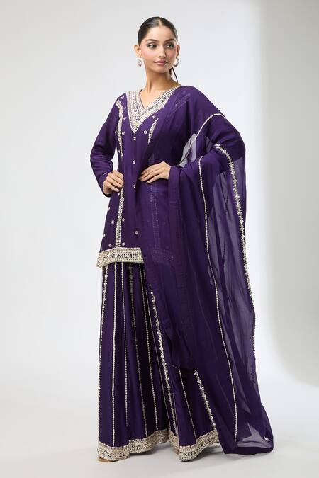 Buy_Aksh_Purple Cotton, Organza Embroidery V-neck Hand Kurta Set_Online_at_Aza_Fashions