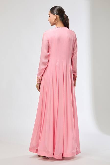 Shop_Aksh_Pink Chiffon Beads Round Neck Embroidered Anarkali Set_at_Aza_Fashions