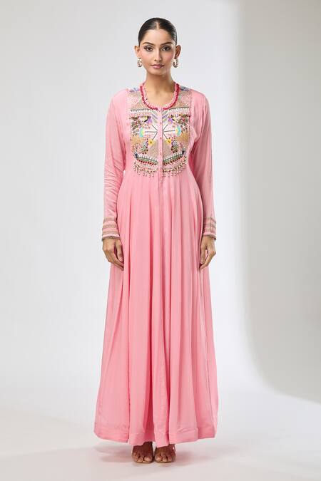 Aksh_Pink Chiffon Beads Round Neck Embroidered Anarkali Set_Online_at_Aza_Fashions