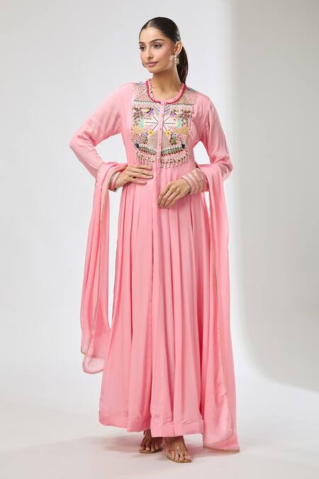 Buy_Aksh_Pink Chiffon Beads Round Neck Embroidered Anarkali Set_Online_at_Aza_Fashions