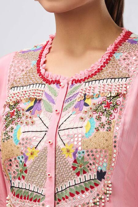 Shop_Aksh_Pink Chiffon Beads Round Neck Embroidered Anarkali Set_Online_at_Aza_Fashions