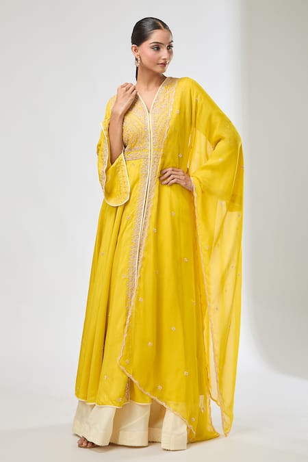 Buy_Aksh_Yellow Cotton, Organza Embroidery Split V-neck Hand Anarkali Set _Online_at_Aza_Fashions