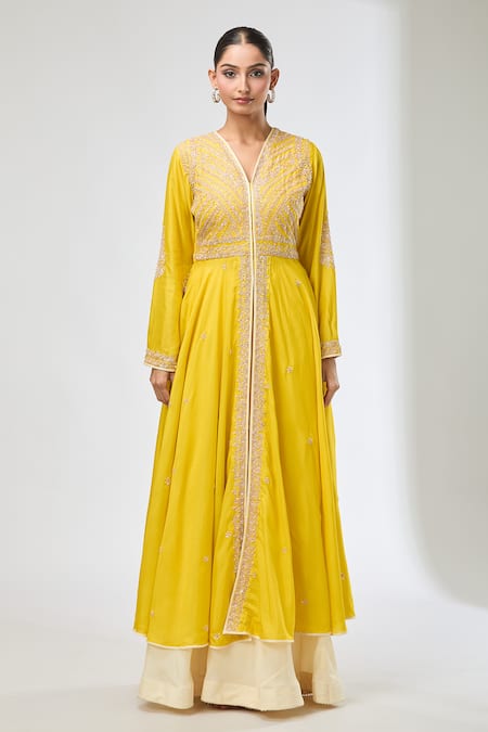 Aksh_Yellow Cotton, Organza Embroidery Split V-neck Hand Anarkali Set _at_Aza_Fashions