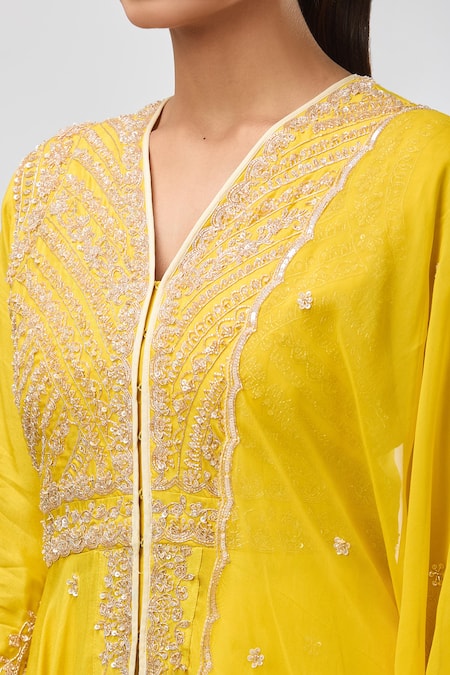 Buy_Aksh_Yellow Cotton, Organza Embroidery Split V-neck Hand Anarkali Set 