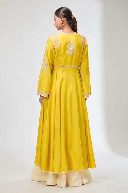 Shop_Aksh_Yellow Cotton, Organza Embroidery Split V-neck Hand Anarkali Set _at_Aza_Fashions