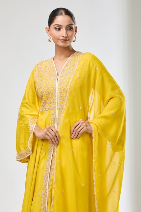 Shop_Aksh_Yellow Cotton, Organza Embroidery Split V-neck Hand Anarkali Set 