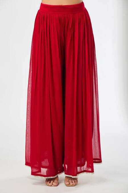 Aksh_Red Chanderi, Georgette Embroidery Split V-neck Hand Kurta Set_Online_at_Aza_Fashions