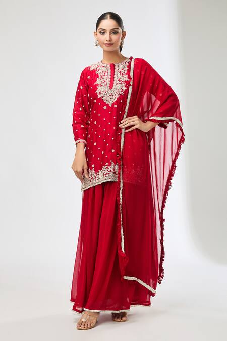 Buy_Aksh_Red Chanderi, Georgette Embroidery Split V-neck Hand Kurta Set_Online_at_Aza_Fashions