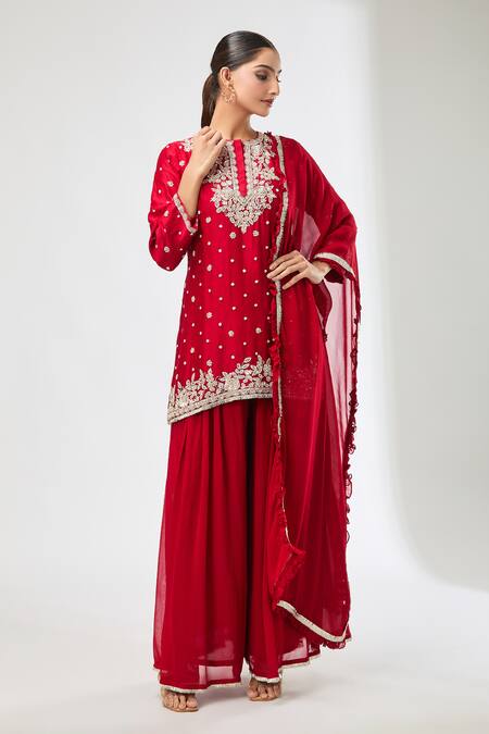 Shop_Aksh_Red Chanderi, Georgette Embroidery Split V-neck Hand Kurta Set_Online_at_Aza_Fashions