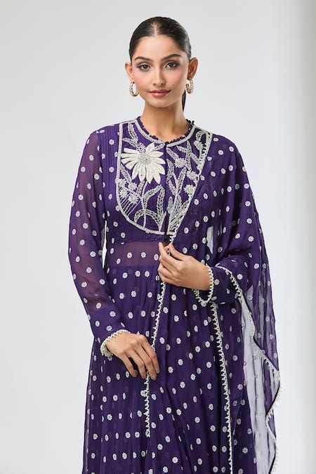 Aksh_Purple Georgette Embroidery Round Neck Hand Kurta Set _Online_at_Aza_Fashions