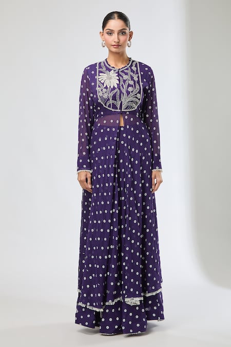 Buy_Aksh_Purple Georgette Embroidery Round Neck Hand Kurta Set _Online_at_Aza_Fashions