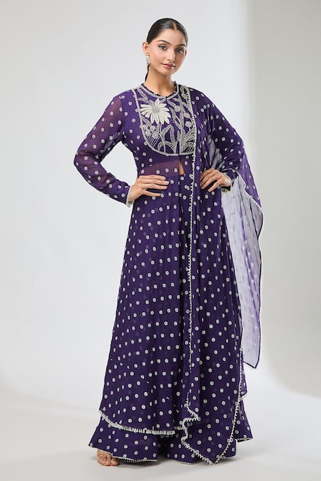 Aksh_Purple Georgette Embroidery Round Neck Hand Kurta Set _at_Aza_Fashions