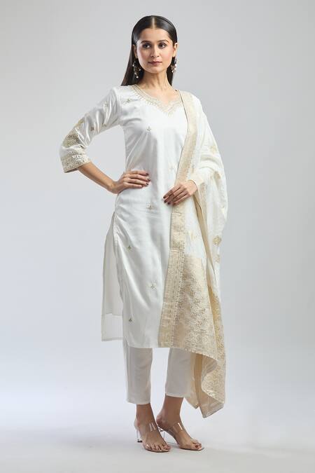 Shop_Samyukta Singhania_White Viscose, Jacquard Embroidery V-neck Hand Kurta Set_Online_at_Aza_Fashions