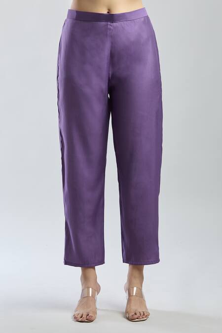 Samyukta Singhania_Purple Viscose, Jacquard Embroidery V-neck Hand Kurta Set_Online_at_Aza_Fashions