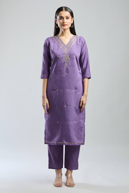 Buy_Samyukta Singhania_Purple Viscose, Jacquard Embroidery V-neck Hand Kurta Set_Online_at_Aza_Fashions