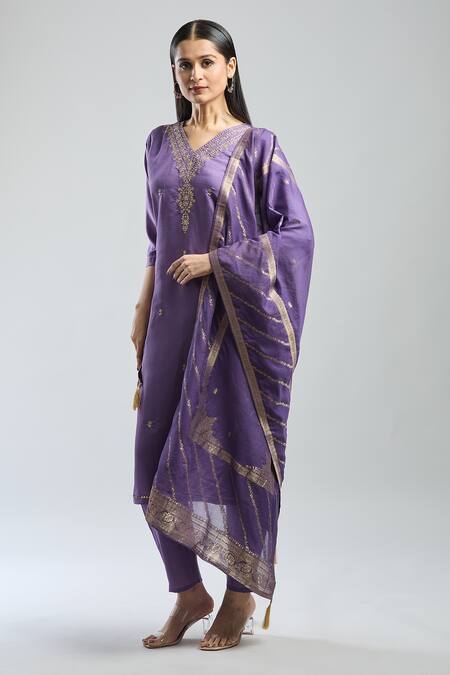 Shop_Samyukta Singhania_Purple Viscose, Jacquard Embroidery V-neck Hand Kurta Set_Online_at_Aza_Fashions