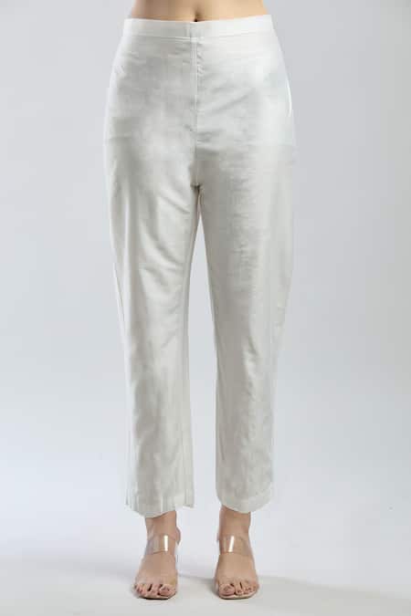 Shop_Samyukta Singhania_White Viscose, Crepe Embroidery Round Neck Hand Kurta Set_Online_at_Aza_Fashions