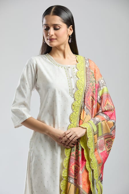 Buy_Samyukta Singhania_White Viscose, Crepe Embroidery Round Neck Hand Kurta Set