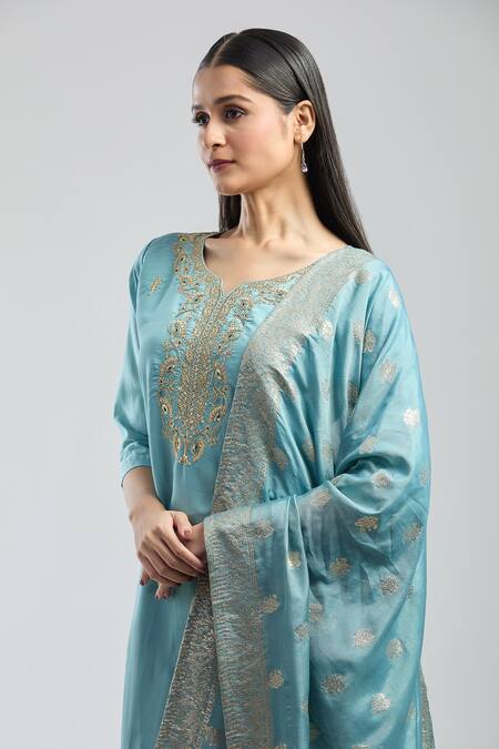 Samyukta Singhania_Blue Viscose, Jersey Embroidery Round Neck Kurta Set With Dupatta_Online_at_Aza_Fashions