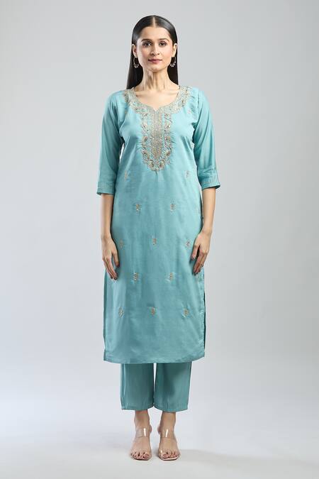 Shop_Samyukta Singhania_Blue Viscose, Jersey Embroidery Round Neck Kurta Set With Dupatta_Online_at_Aza_Fashions