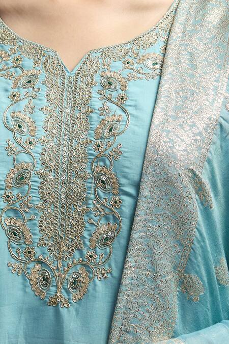 Samyukta Singhania_Blue Viscose, Jersey Embroidery Round Neck Kurta Set With Dupatta_at_Aza_Fashions