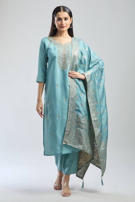 Buy_Samyukta Singhania_Blue Viscose, Jersey Embroidery Round Neck Kurta Set With Dupatta