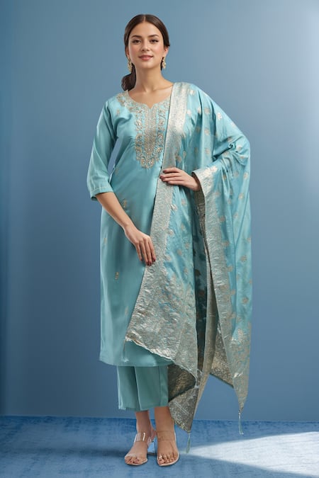 Samyukta Singhania Embroidered Blue Kurta Set with Dupatta 