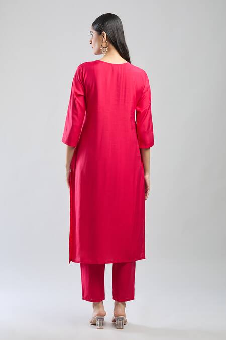Shop Samyukta Singhania Red Viscose, Chanderi, Nylon Embroidery V-neck Hand Kurta Set at Aza Fashions Shop_Samyukta Singhania_Red Viscose, Chanderi, Nylon Embroidery V-neck Hand Kurta Set_at_Aza_Fashions