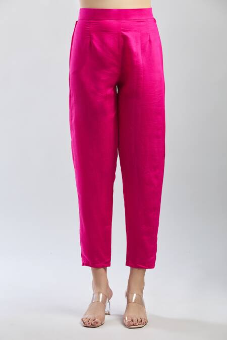 Samyukta Singhania_Pink Viscose, Chanderi, Jacquard Embroidery Split V-neck Hand Kurta Set_Online_at_Aza_Fashions