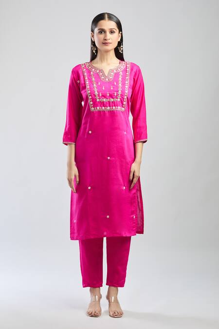 Shop_Samyukta Singhania_Pink Viscose, Chanderi, Jacquard Embroidery Split V-neck Hand Kurta Set_Online_at_Aza_Fashions