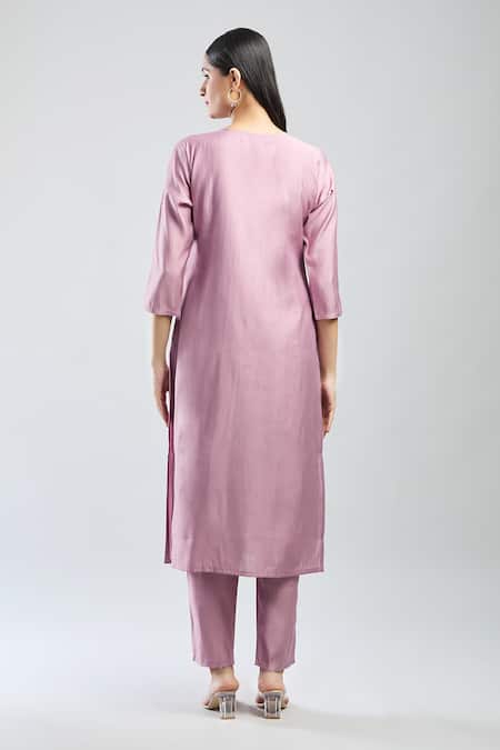 Shop_Samyukta Singhania_Purple Viscose, Chanderi Embroidery V-neck Hand Kurta Set _at_Aza_Fashions