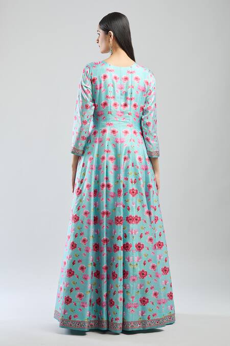 Shop Samyukta Singhania Sky Blue Denim Embroidery Round Neck Floral Anarkali Set at Aza Fashions Shop_Samyukta Singhania_Sky Blue Denim Embroidery Round Neck Floral Anarkali Set_at_Aza_Fashions