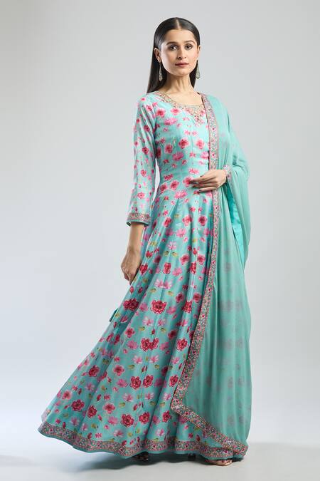Samyukta Singhania Sky Blue Denim Embroidery Round Neck Floral Anarkali Set Online at Aza Fashions Samyukta Singhania_Sky Blue Denim Embroidery Round Neck Floral Anarkali Set_Online_at_Aza_Fashions