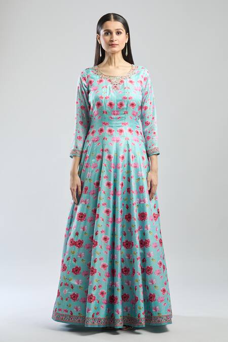 Buy Samyukta Singhania Sky Blue Denim Embroidery Round Neck Floral Anarkali Set Online at Aza Fashions Buy_Samyukta Singhania_Sky Blue Denim Embroidery Round Neck Floral Anarkali Set_Online_at_Aza_Fashions